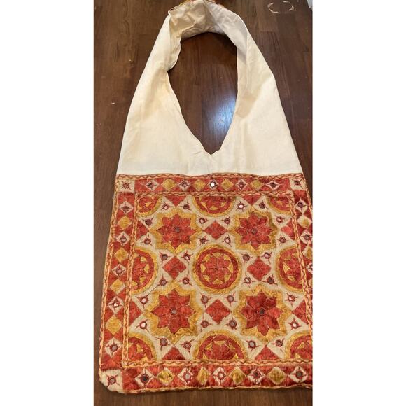 World Market Boho Ivory Orange Large Shoulder Tote Bag Embroidered Embellished - Picture 3 of 9